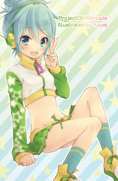 1girl, aqua_eyes, aqua_hair, female_focus, hatsune_miku, hatsune_miku_(jersey), headphones, midriff