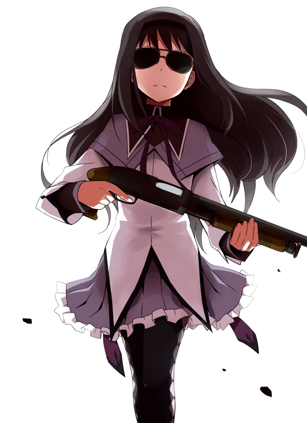 10s, 1girl, akemi_homura, akemi_homura_(magical_girl), backlighting, black_hair, female_focus, gun