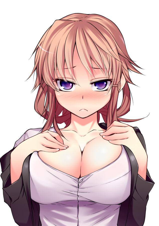 1girl, :<, bad_id, bad_pixiv_id, black_jacket, blush, breast_suppress, breasts