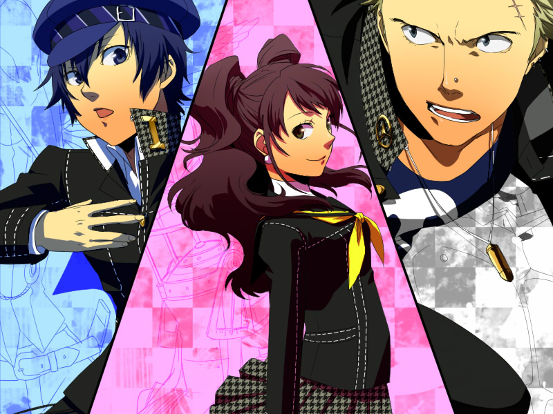 1boy, 2girls, androgynous, atlus, bad_id, bad_pixiv_id, black_eyes, black_serafuku