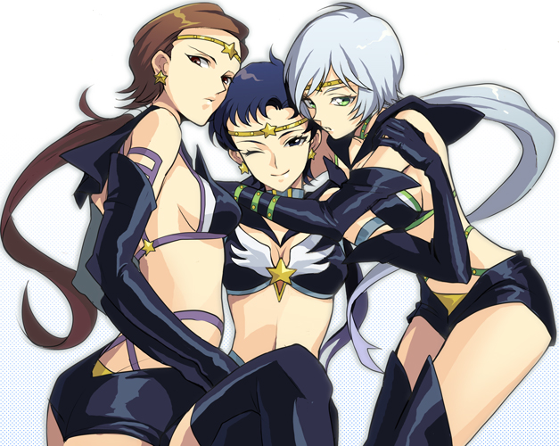 1990s_(style), 3girls, bishoujo_senshi_sailor_moon, bishoujo_senshi_sailor_moon_sailor_stars, bishoujo_senshi_sailor_moon_stars, black_eyes, black_gloves, black_hair