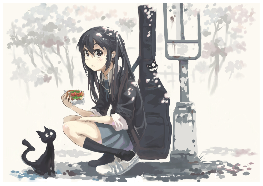 1girl, bag_charm, black_cat, black_hair, black_socks, blue_skirt, brown_eyes, cat