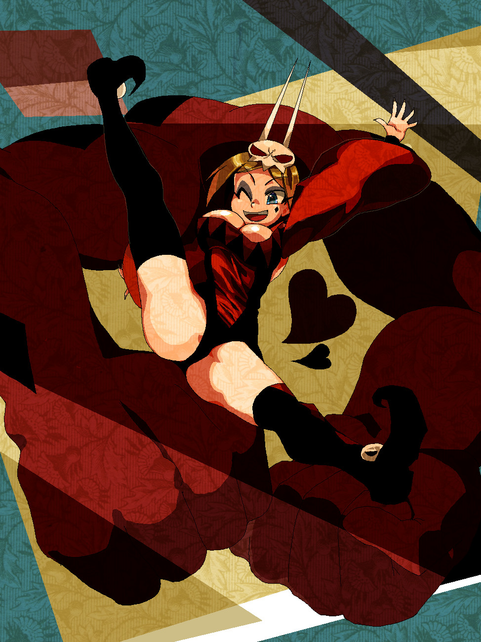 1girl, alternate_color, arm_up, bare_shoulders, black_panties, blonde_hair, blue_eyes, boots