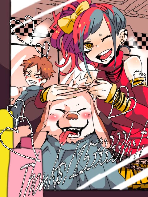 1boy, 1girl, :d, akamaru_(naruto), blush, chikuri, cutting_hair, dog