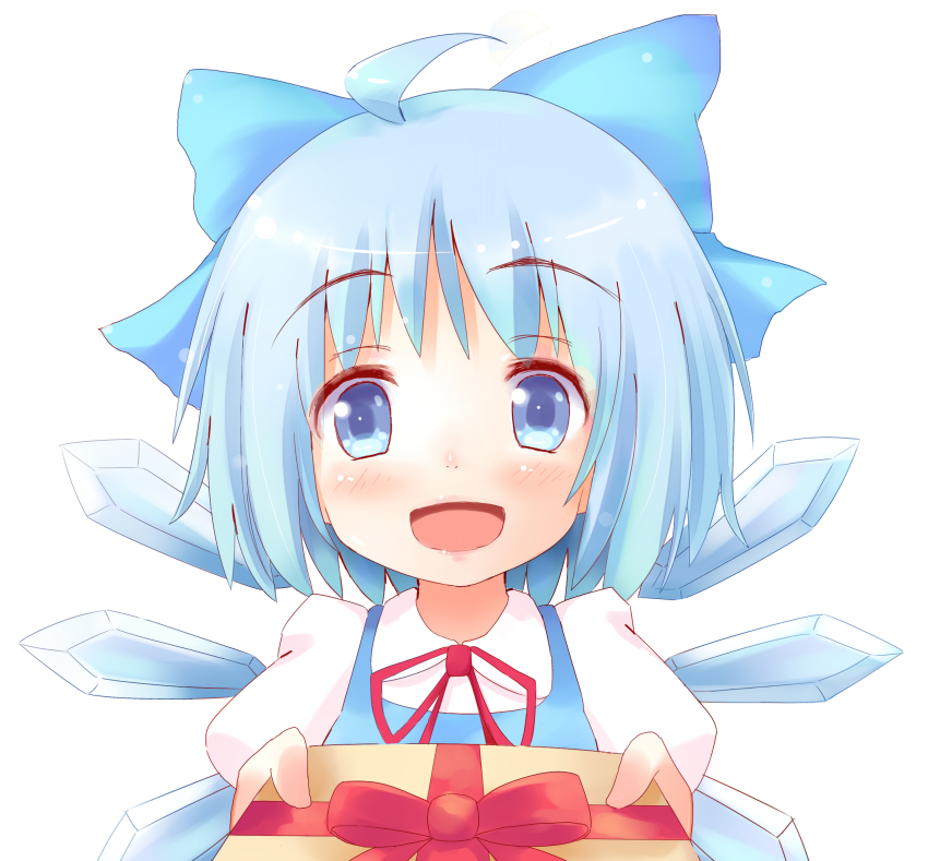 :d, ahoge, bad_id, bad_pixiv_id, blush, cirno, gift, highres