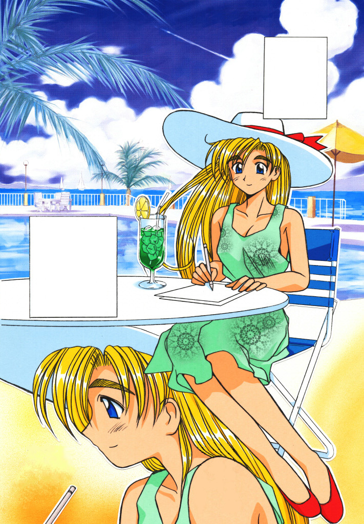 ai_ga_tomaranai!, akamatsu_ken, beach, blonde_hair, blue_eyes, dress, hat, palm_tree, program_#30, sitting