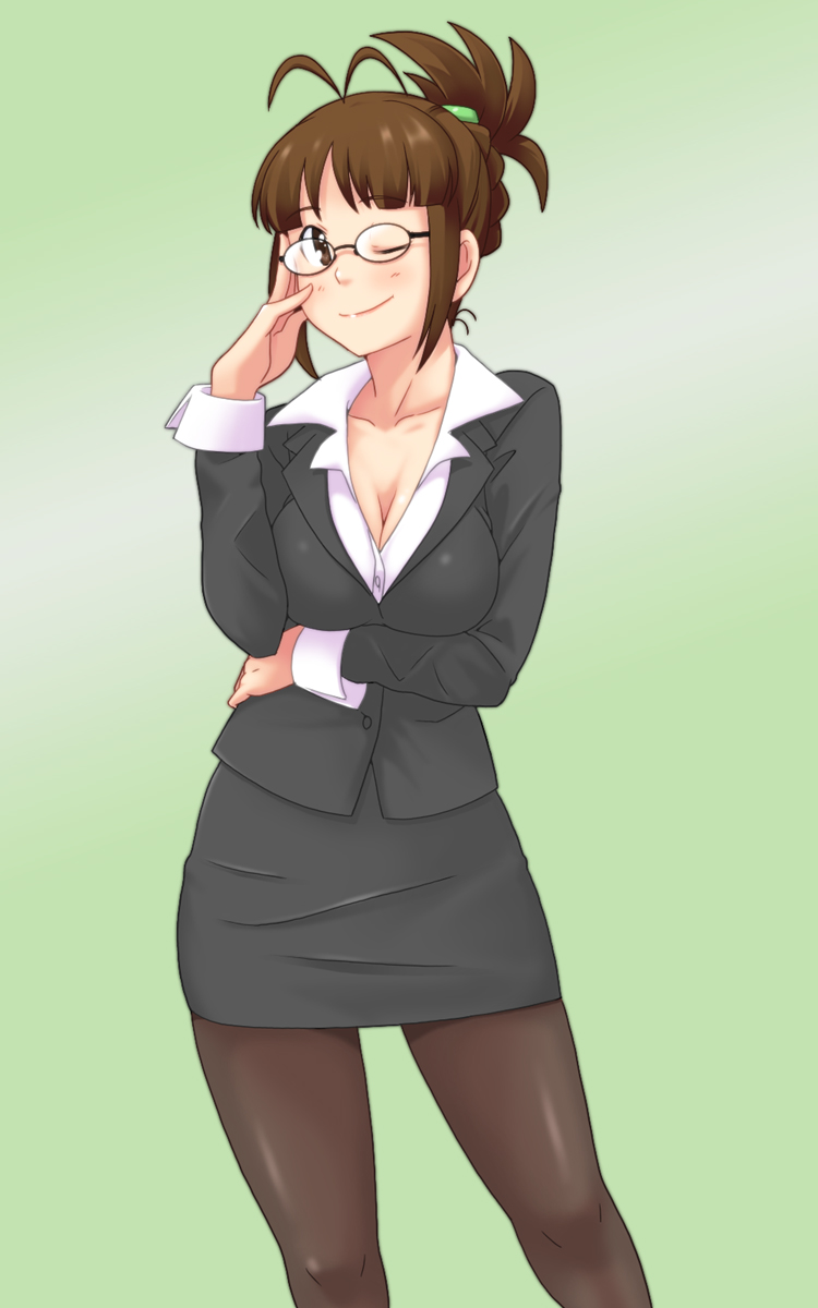 1girl, adjusting_eyewear, akizuki_ritsuko, breasts, cleavage, folded_ponytail, formal_clothes, glasses