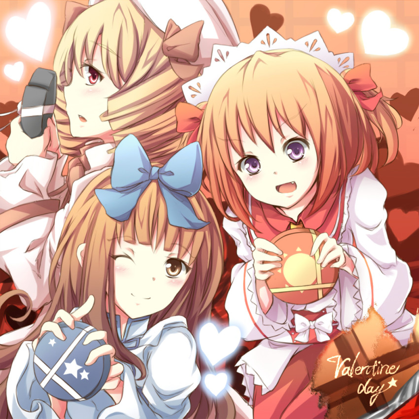 1girl, blonde_hair, bow, box, brown_hair, dress, drill_hair, fang