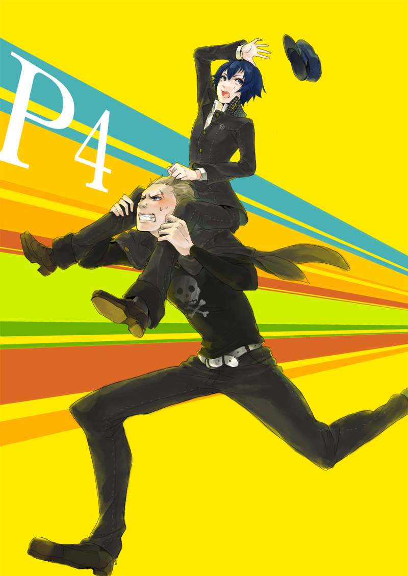 1boy, 1girl, androgynous, atlus, bad_id, bad_pixiv_id, belt, blue_hair, cabbie_hair, newsboy_cap, carrying, cho001, clenched_teeth, crossdressing, hat, open_mouth, pants, persona, persona_4, popped_collar, reverse_trap, running, scar, shirogane_naoto, short_hair, shoulder_carry, sitting, sitting_on_shoulder, skull_and_crossbones, striped_background, tatsumi_kanji, teeth
