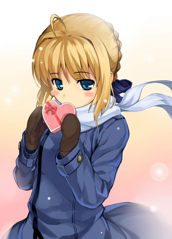 1girl, ahoge, alternate_costume, artoria_pendragon_(fate), blonde_hair, blue_eyes, blue_scarf, blush_stickers