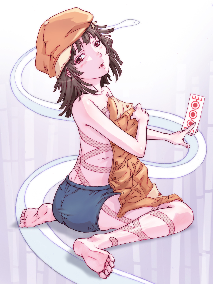1girl, absurdres, bakemonogatari, barefoot, black_hair, blush, brown_eyes, buruma, buruma_nadeko, feet, female_focus, hat, highres, long_hair, md5_mismatch, monogatari_(series), newsboy_cap, ofuda, open_mouth, resolution_mismatch, sengoku_nadeko, short_hair, sitting, snake, snake_trails, soles, solo, source_larger, toes, topless_female, wariza, yoshikawa_kazunori