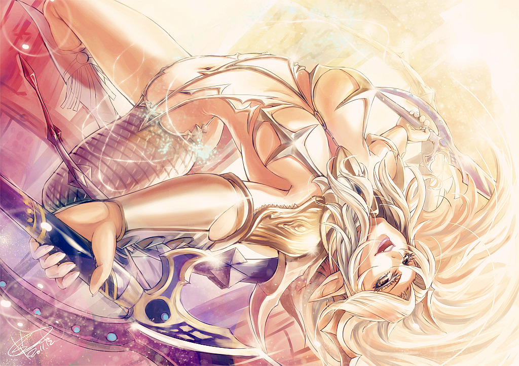 1girl, armor, blonde_hair, breasts, castanic, castanics, cleavage, female_focus