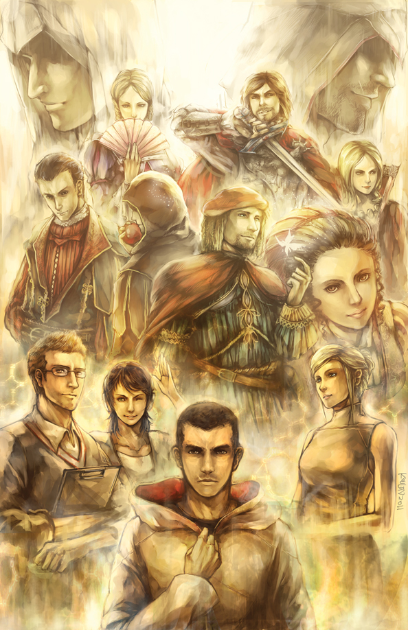 5girls, 6+boys, altair_ibn_la-ahad, apple, assassin's_creed, assassin's_creed:_brotherhood, assassin's_creed_(series), assassin's_creed_ii, beard, capelet, caterina_sforza, cesare_borgia, chemical_structure, claudia_auditore_da_firenze, clipboard, desmond_miles, ezio_auditore_da_firenze, facial_hair, food, fruit, glasses, hand_fan, hat, hood, koulin, la_volpe, leonardo_da_vinci, looking_at_viewer, lucrezia_borgia, lucy_stillman, manly, multiple_boys, multiple_girls, niccolo_di_bernardo_dei_machiavelli, rebecca_crane, shaun_hastings, short_hair, signature, sleeveless, sword, weapon