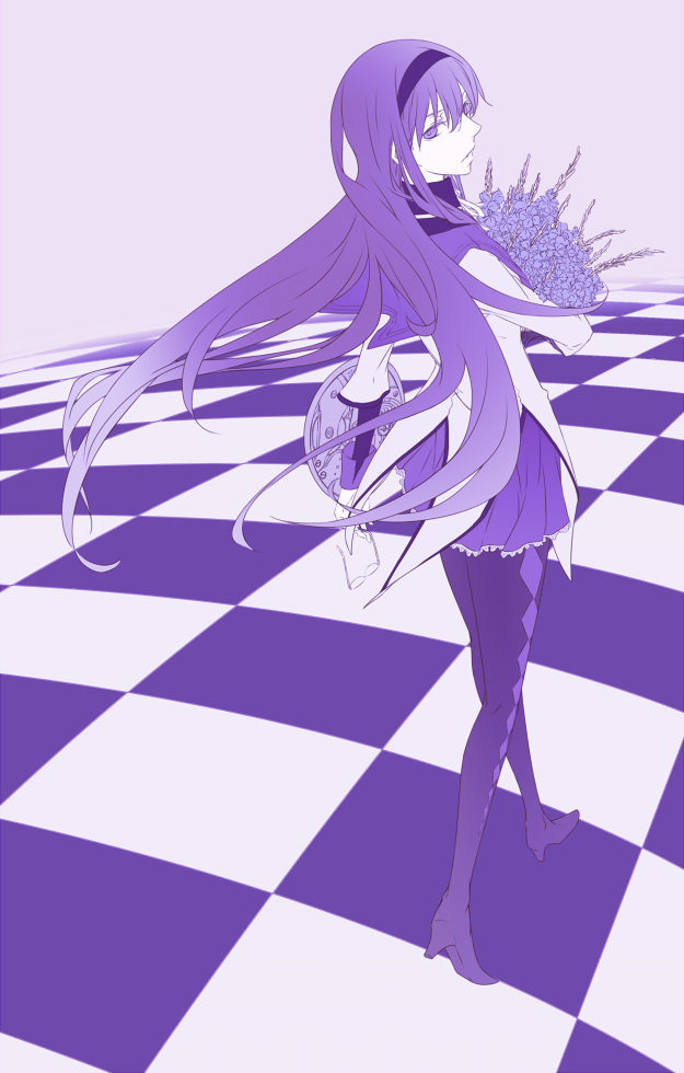 10s, 1girl, akemi_homura, akemi_homura_(magical_girl), bouquet, checkered_floor, enseisong, female_focus