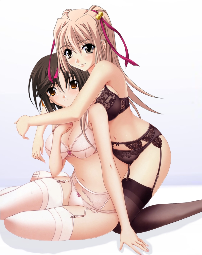 2girls, arm_support, artist_request, blonde_hair, blush, bra, breasts, brown_hair, cleavage, female_focus, from_behind, garter_belt, hair_bobbles, hair_ornament, hanamatsuri_karin, hand_on_another's_chest, happy, hug, hug_from_behind, kneeling, lace, lace-trimmed_bra, lace-trimmed_panties, lace_trim, lingerie, long_hair, medium_breasts, memories_off, multiple_girls, nail_polish, navel, orange_eyes, panties, short_hair, sitting, smile, thighhighs, third-party_edit, twintails, underwear, underwear_only, yellow_eyes, yuri