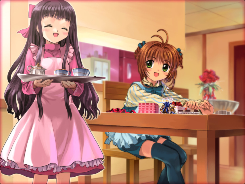 1990s_(style), 2girls, ^_^, apron, brown_hair, cardcaptor_sakura, child, closed_eyes