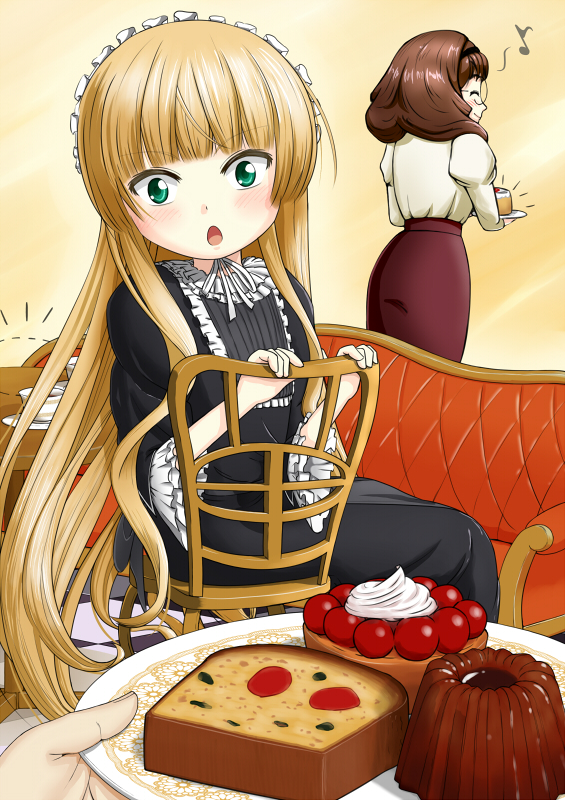 ^^^, 2girls, :o, blonde_hair, blush, bread, brown_hair, cake