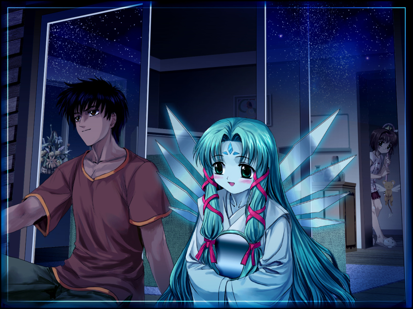 1990s_(style), 1boy, 2girls, blush, cardcaptor_sakura, child, clow_card, facial_mark, forehead_mark, green_hair, hair_ribbon, highres, hoshi_no_tsue, kero_(cardcaptor_sakura), kinomoto_sakura, kinomoto_touya, kodansha, long_hair, magical_girl, mirror, mirror_(clow_card), multiple_girls, mutsuki_(moonknives), non-web_source, retro_artstyle, ribbon, star_(symbol)