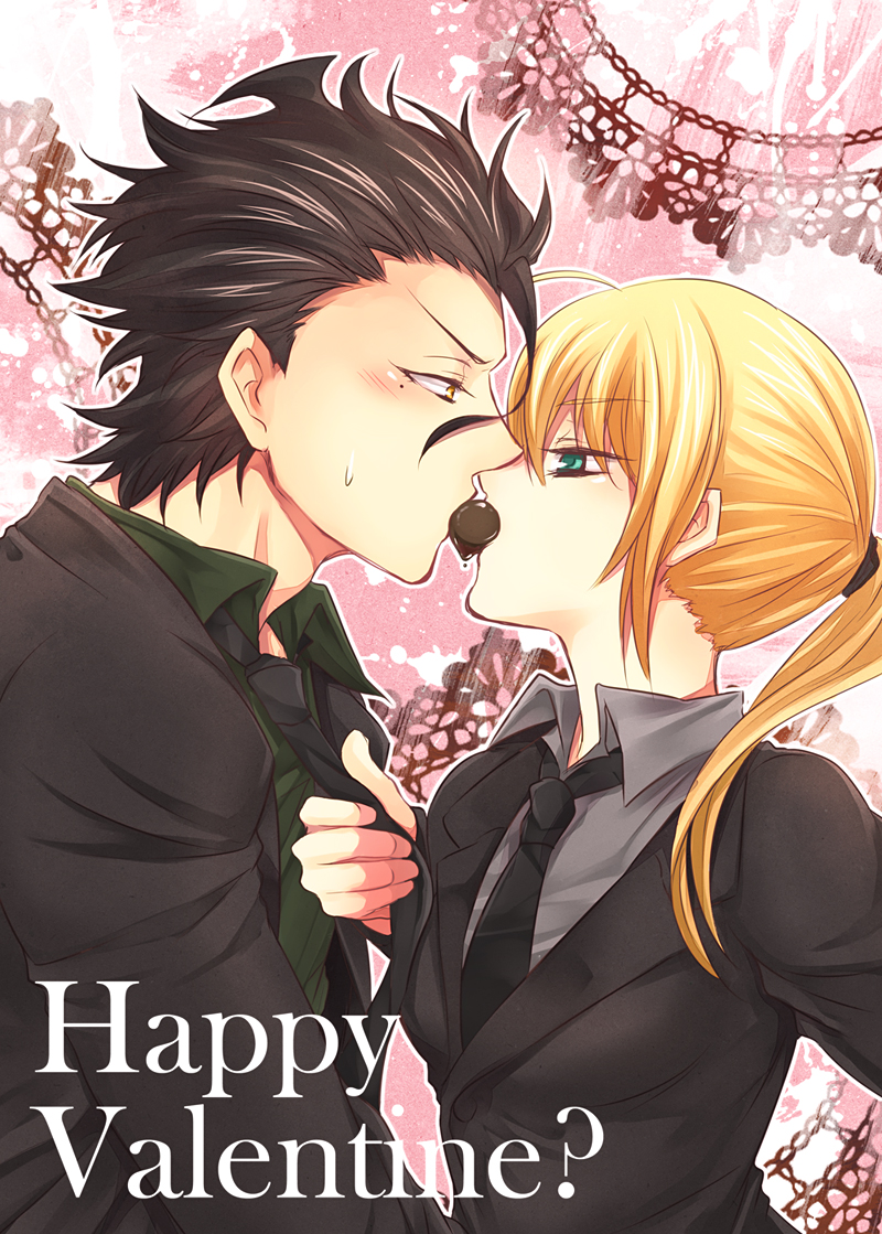 1boy, 1girl, ahoge, artoria_pendragon_(fate), black_hair, blonde_hair, blush, chocolate, clothes_grab, diarmuid_ua_duibhne_(fate), diarmuid_ua_duibhne_(lancer)_(fate), fate/zero, fate_(series), formal_clothes, green_eyes, happy_valentine, iroto_89, long_hair, md5_mismatch, mole, mole_under_eye, necktie, necktie_grab, neckwear_grab, ponytail, saber_(fate), shared_food, suit, sweat, valentine, yellow_eyes
