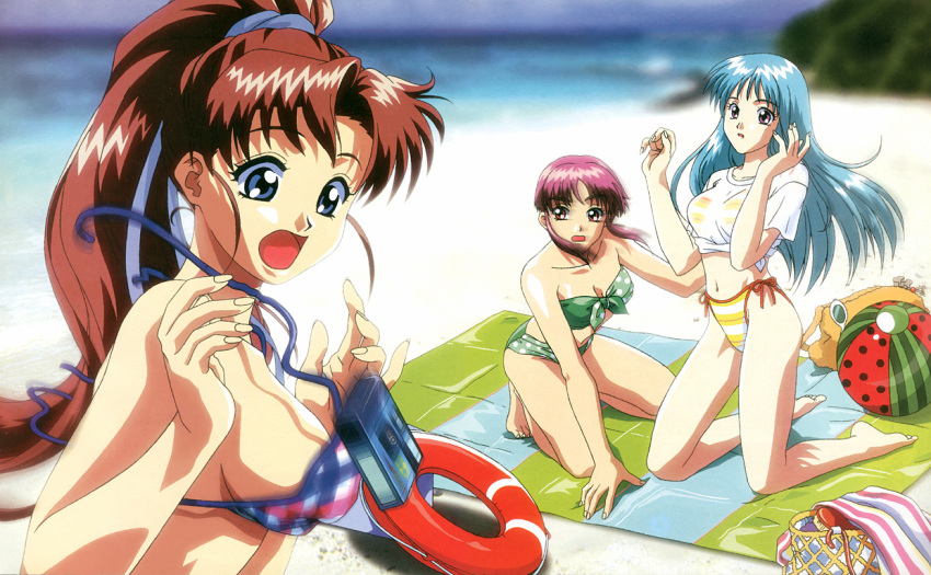 3girls, bag, ball, bandeau, basket, beachball, bikini, blue_eyes