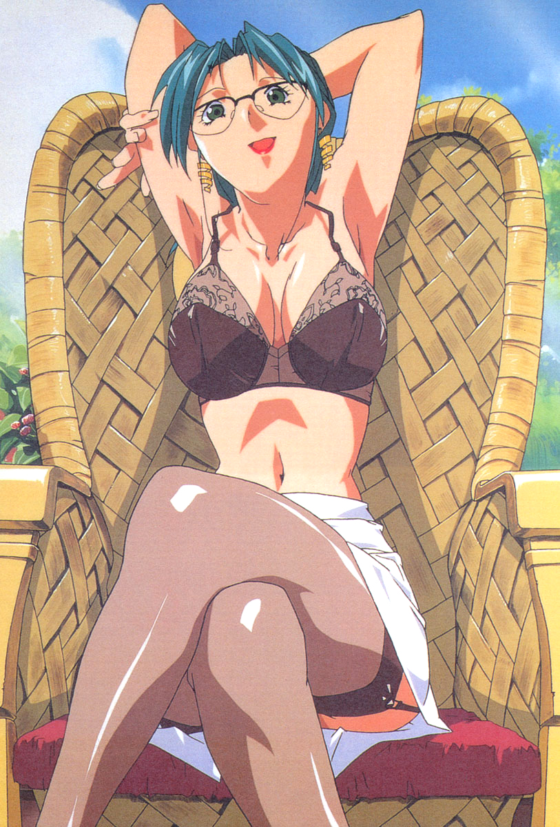 1girl, armpits, arms_up, chair, crossed_legs, day, earrings, female_focus
