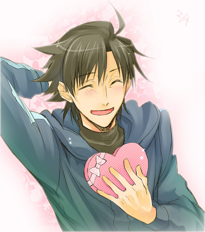 1boy, ^_^, ahoge, arm_behind_head, black_hair, closed_eyes, fate/zero, fate_(series), gift, hood, hoodie, male_focus, matou_kariya, turtleneck, ume2888, valentine