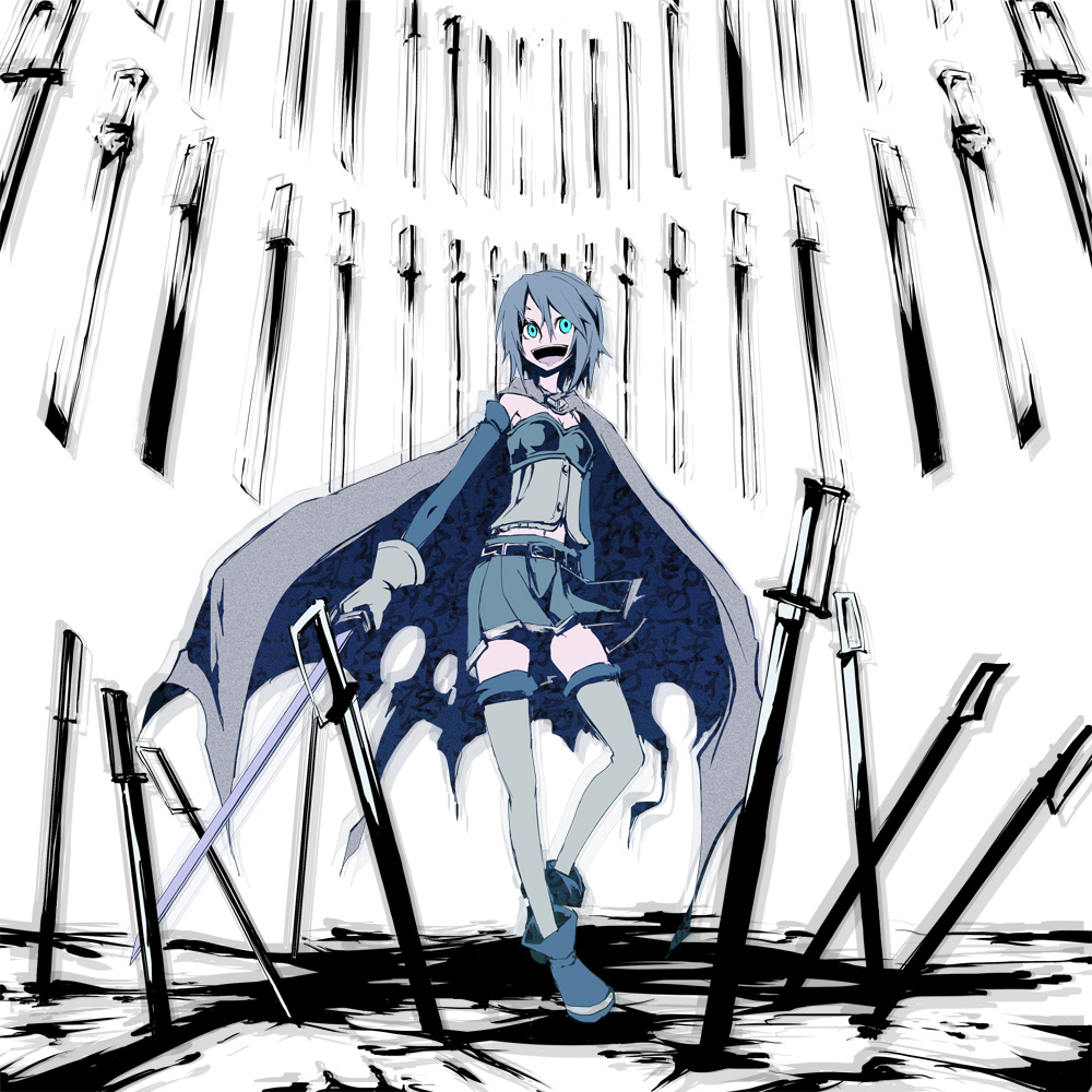 1girl, bleach, blue_eyes, blue_hair, cape, crazy_eyes, female_focus, floating