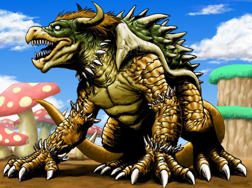 bowser, claws, cloud, epic, horns, kuroi_kazuhiro, mario_(series), mushroom, nature, nintendo, no_humans, outdoors, redesign, sky, solo, spikes, super_mario_bros._1, tail, teeth, tongue, turtle_shell