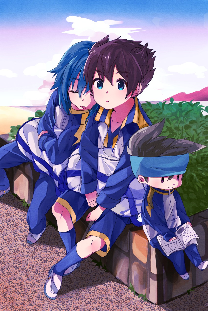 3boys, absurdres, blue_hair, book, brown_hair, headband, highres, inazuma_eleven
