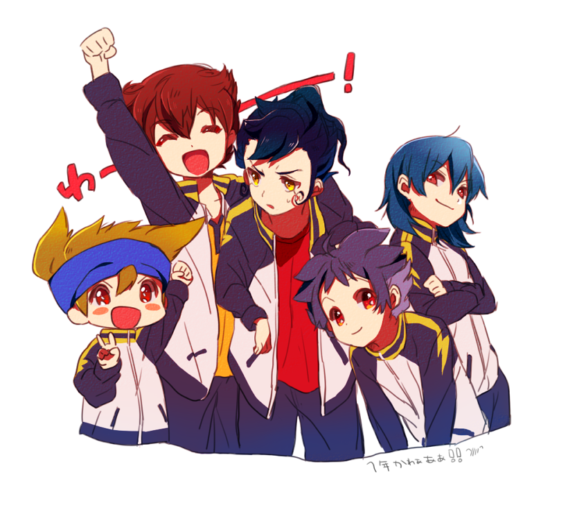 5boys, bad_id, bad_pixiv_id, blue_hair, brown_hair, green_hair, image_sample, inazuma_eleven