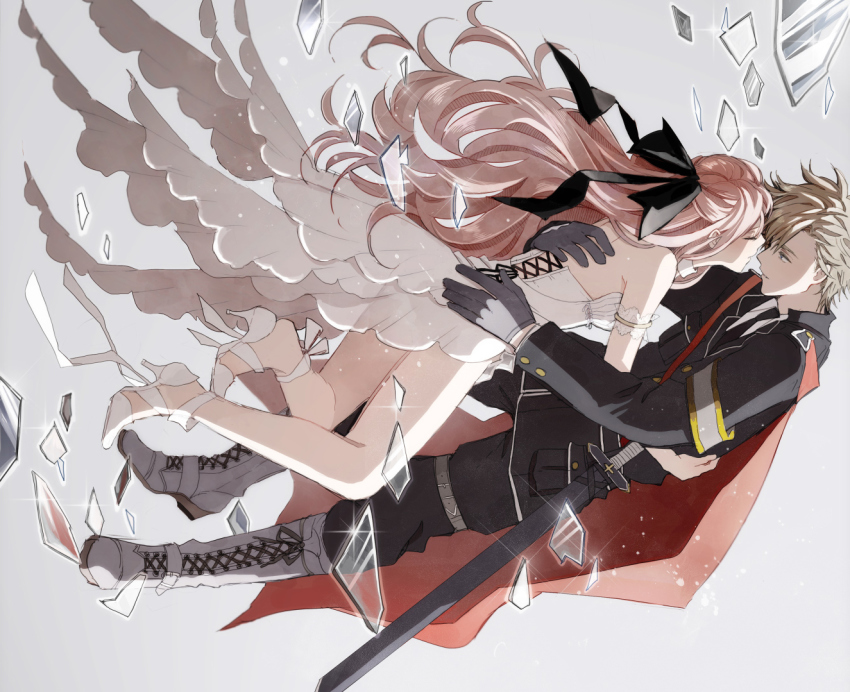 1boy, 1girl, armlet, bare_shoulders, broken_glass, closed_eyes, couple, dress