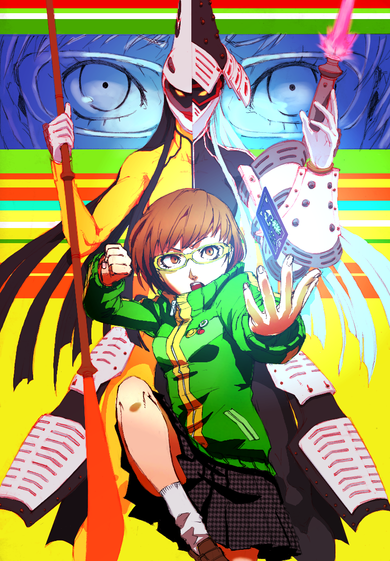2girls, atlus, brown_eyes, brown_hair, card, fighting_stance, glasses, jacket