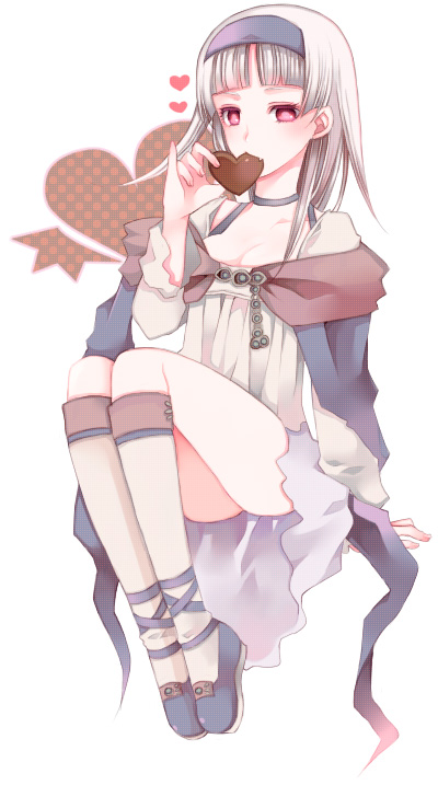 1girl, albino, arisie, breasts, candy, cape, chocolate, chocolate_heart, choker, cleavage, eating, fang, female_focus, food, full_body, gensou_suikoden, gensou_suikoden_ii, hairband, heart, kneehighs, red_eyes, shoes, short_hair, sierra_mikain, skirt, socks, solo, white_background, white_hair, white_socks