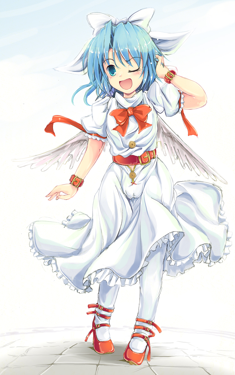 1girl, arm_up, belt, blue_eyes, blue_hair, bow, female_focus, hair_bow