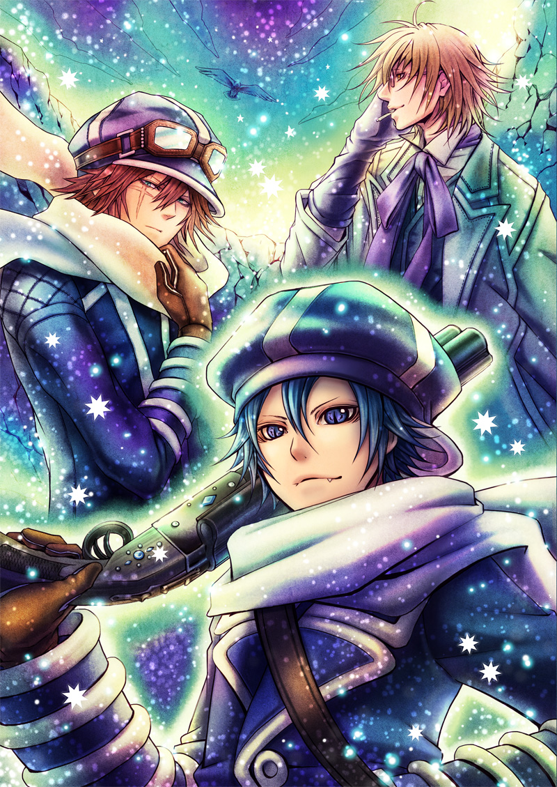 3boys, ahoge, bird, blonde_hair, blue_eyes, blue_hair, brown_hair, cigarette, fang, glasses, gloves, goggles, gun, hat, jiggy_pepper, largo_lloyd, male_focus, multiple_boys, scar, scarf, short_hair, slit_pupils, snow, tegami_bachi, weapon, zazie_shrine, zazie_winters
