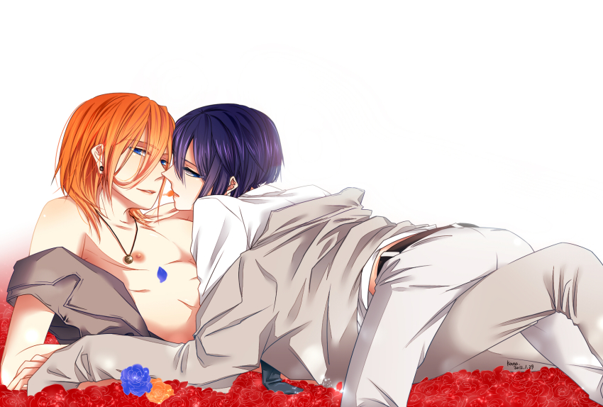 10s, 2boys, alternate_hairstyle, blonde_hair, blue_hair, earrings, flower, highres, hijirikawa_masato, jewelry, jinguji_ren, lying, male_focus, multiple_boys, necklace, short_hair, uta_no_prince-sama, yaoi