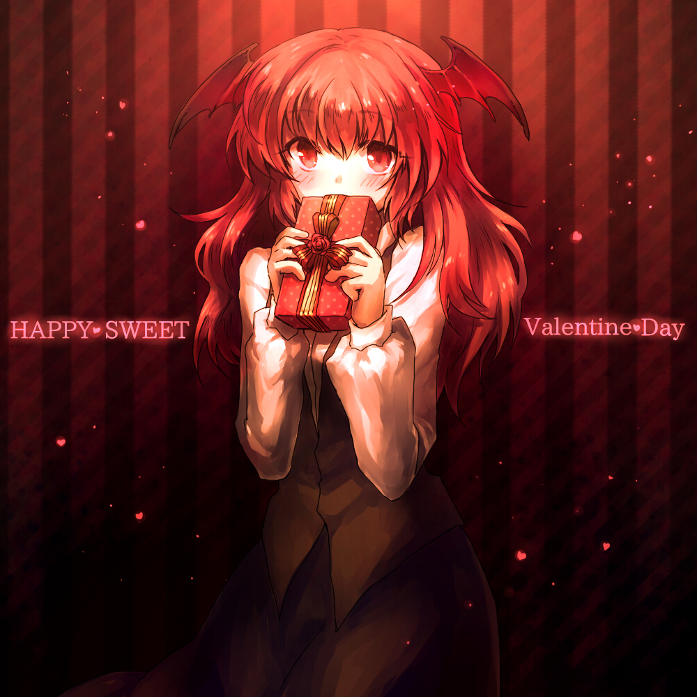1girl, bat_wings, blush, bow, box, covering_face, covering_own_mouth, covering_privates, dress_shirt, embodiment_of_scarlet_devil, english_text, female_focus, gift, gift_box, happy_valentine, head_wings, heart, koakuma, long_hair, long_sleeves, necktie, onimaru_gonpei, red_eyes, red_hair, ribbon, shirt, skirt, skirt_set, solo, striped_background, touhou, valentine, vest, white_shirt, wings