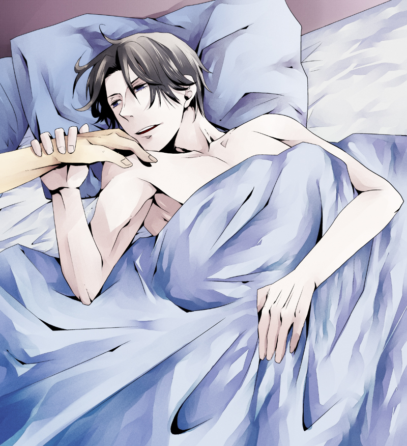1boy, bed, black_hair, blanket, giant_killing, male_focus, on_bed, open_mouth