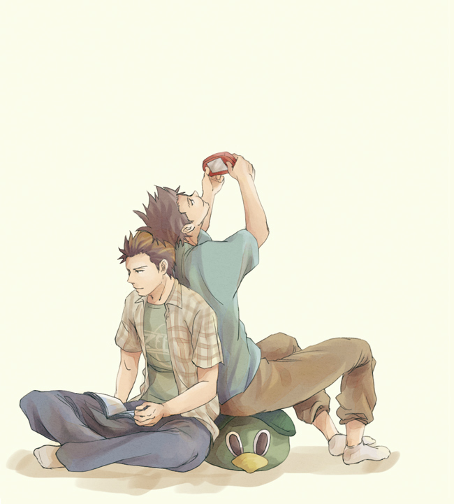 back-to-back, book, casual, giant_killing, hotta_kenji, ishigami_tatsuo, male_focus, mascot, pakka, short_hair, sitting, on_floor