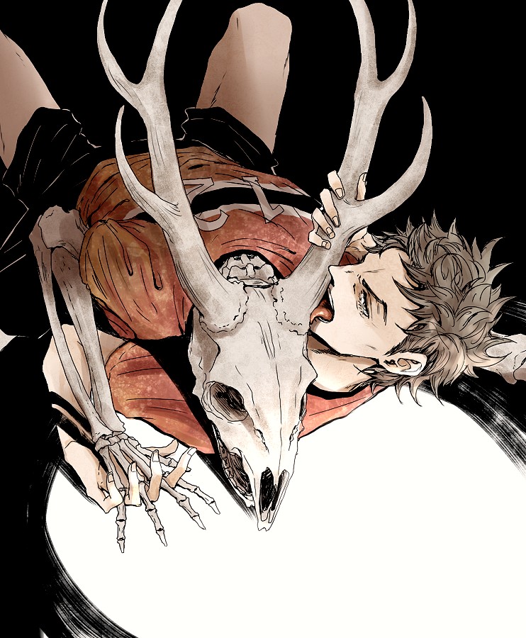 1boy, animal, antlers, bone, brown_eyes, brown_hair, deer, giant_killing, holding_hands, horns, lying, male_focus, on_back, open_mouth, short_hair, skeleton, skull, soccer, soccer_uniform, solo, sport_uniform, sportswear, tongue, what