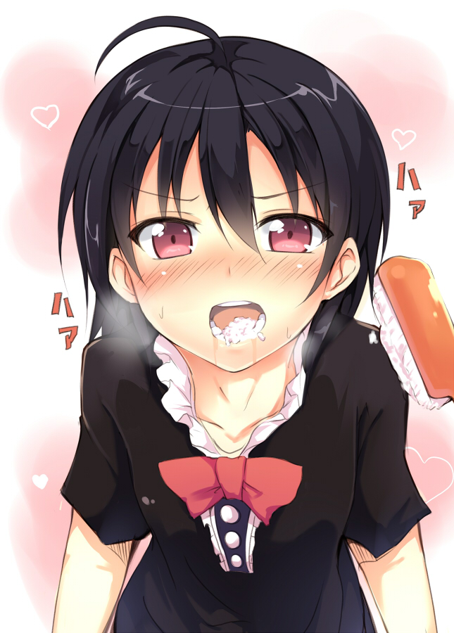 1girl, ahoge, black_hair, blush, bow, eating, female_focus, food, heart, heavy_breathing, houjuu_nue, looking_at_viewer, madara, madara_hio, red_eyes, rice, sexually_suggestive, short_hair, solo, sushi, toothbrush, toothpaste, touhou, upper_body