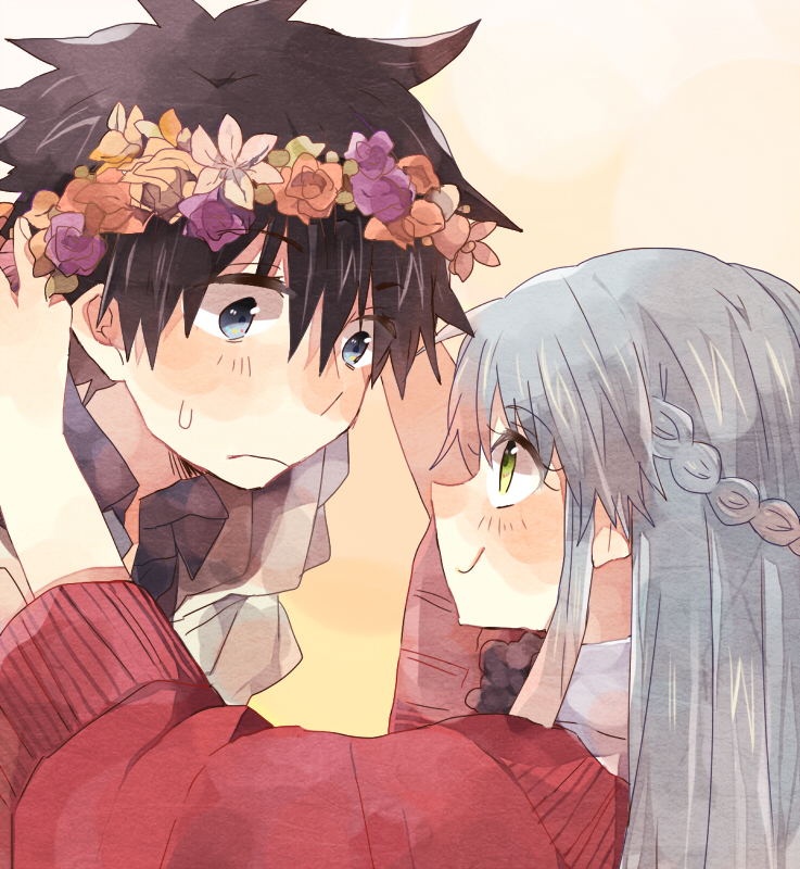 black_hair, blue_hair, blush, flower, green_eyes, hair_flower, hair_ornament, index_(toaru_majutsu_no_index), kamijou, kamijou_touma, niwatoriko, nun, school_uniform, smile, spiked_hair, toaru_majutsu_no_index