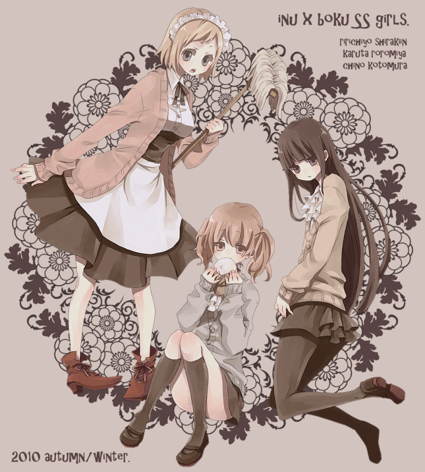 10s, 3girls, steamed_bun, black_hair, black_legwear, blonde_hair, cardigan, character_name