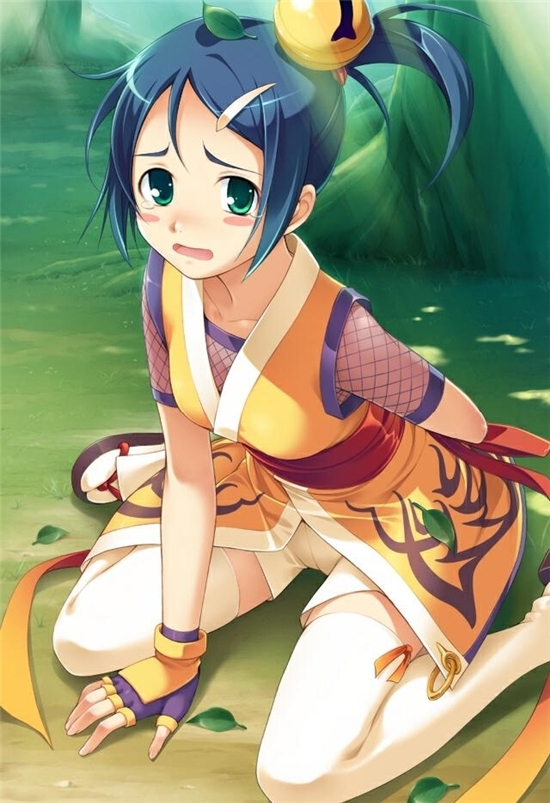 1girl, bell, blue_hair, blush, female_focus, fishnets, gloves, green_eyes