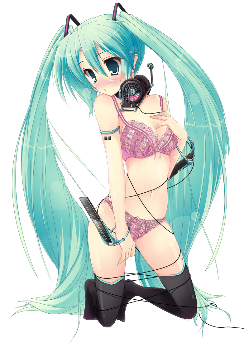 1girl, aqua_eyes, aqua_hair, ayase_hikaru, blush, bow, bow_bra, bow_panties