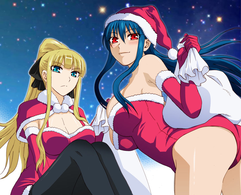 blonde_hair, blue_hair, blush, breasts, christmas, cleavage, diamond_cut_diamond, large_breasts