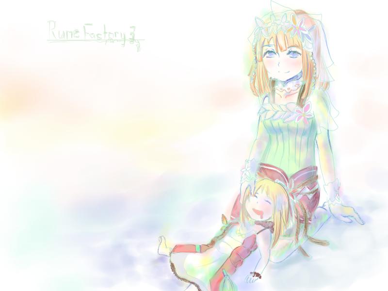 age_difference, blonde_hair, blue_eyes, flower, hair_flower, hair_ornament, lala_(rune_factory), mother_and_child