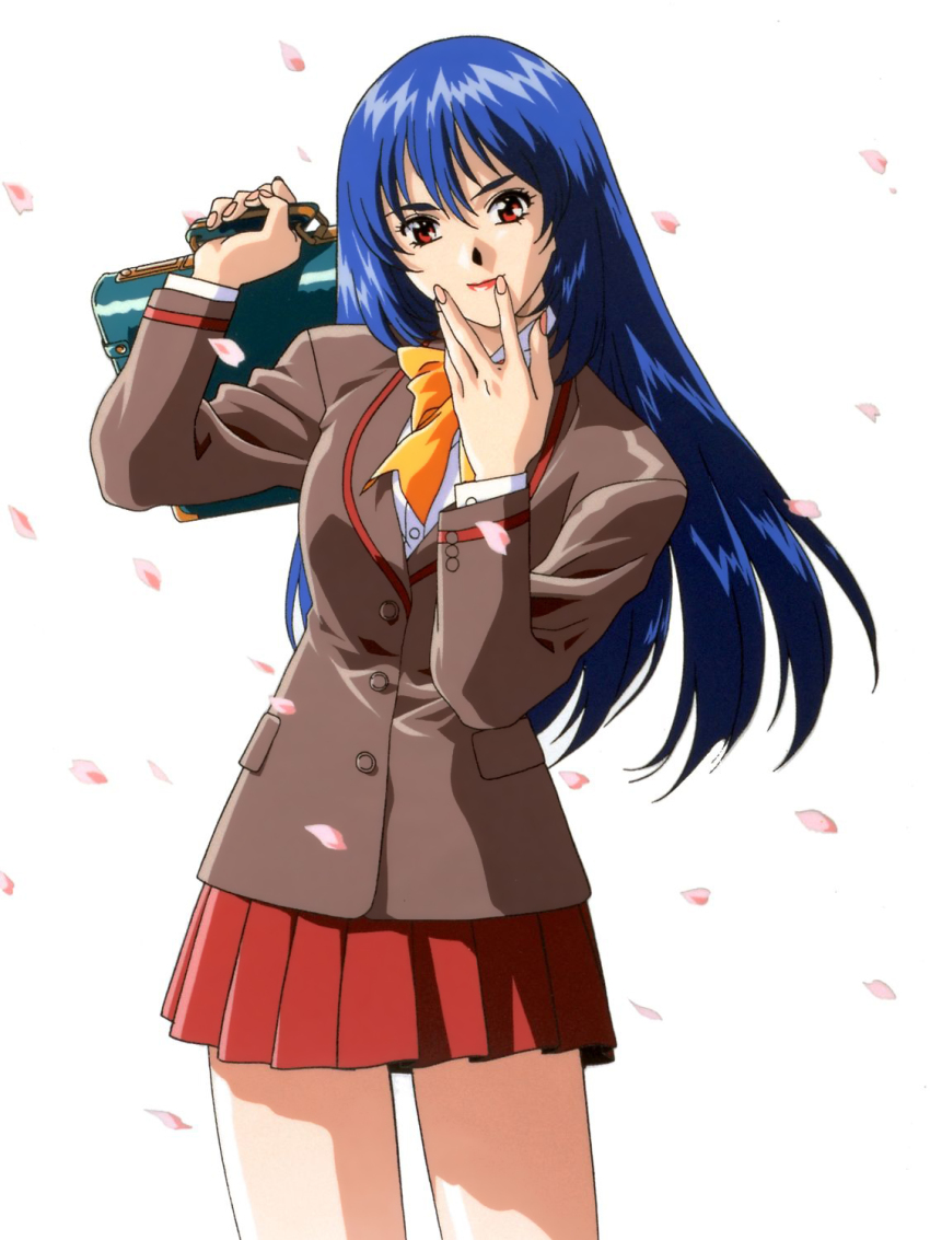1990s_(style), 1girl, akiyama_yuuko, bag, blazer, blue_hair, bow, briefcase, buttons, cherry_blossoms, cowboy_shot, female_focus, hair_between_eyes, head_tilt, highres, holding, jacket, lipstick, long_hair, long_sleeves, looking_at_viewer, makeup, miniskirt, non-web_source, official_art, over_shoulder, petals, pleated_skirt, red_eyes, retro_artstyle, school_bag, school_uniform, shirt, simple_background, skirt, solo, standing, white_background, yamada_masaki, zenkoku_seifuku_bishoujo_grand_prix