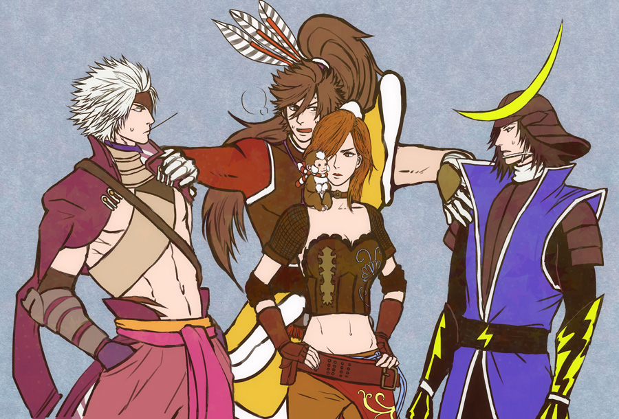 1girl, 3boys, armor, brown_hair, chosokabe_motochika_(sengoku_basara), date_masamune_(sengoku_basara), long_hair, maeda_keiji_(sengoku_basara)