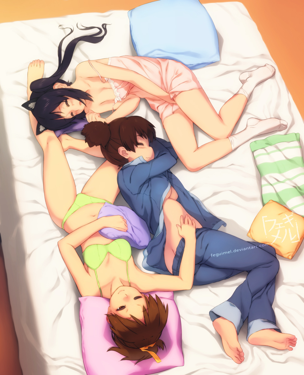 3girls, :3, animal_ears, barefoot, bed, black_hair, bra, breasts, brown_hair, butt_crack, cat_ears, chemise, cleavage, covering_crotch, covering_privates, feet, feguimel, green_bra, green_panties, highres, hirasawa_ui, k-on!, lingerie, long_hair, lying, medium_breasts, morning_after, multiple_girls, nakano_azusa, navel, on_side, one_eye_closed, open_clothes, open_shirt, pajamas, panties, pillow, ponytail, shirt, short_hair, short_twintails, sleeping, sleepover, socks, soles, spread_legs, strap_slip, suzuki_jun, toe_scrunch, toes, twintails, underboob, underwear, underwear_only, watermark, web_address, white_legwear, wink, yuri